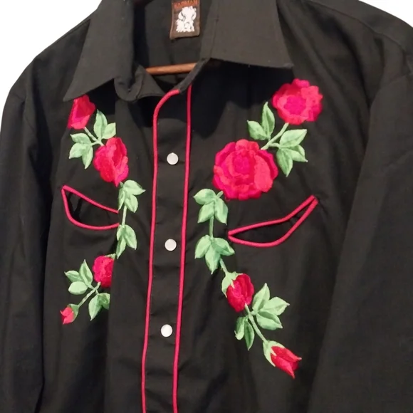 VTG Karman Cowboy Western Peal Snap Embroidered Floral Roses Shirt 80s Mens - Picture 2 of 10